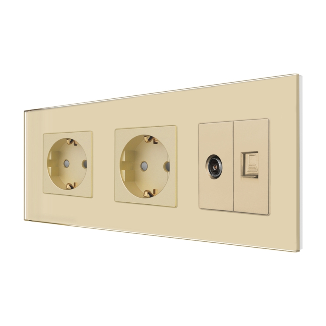 Priza Dubla Schuko + TV + Internet cu Rama Din Sticla LUXION, auriu