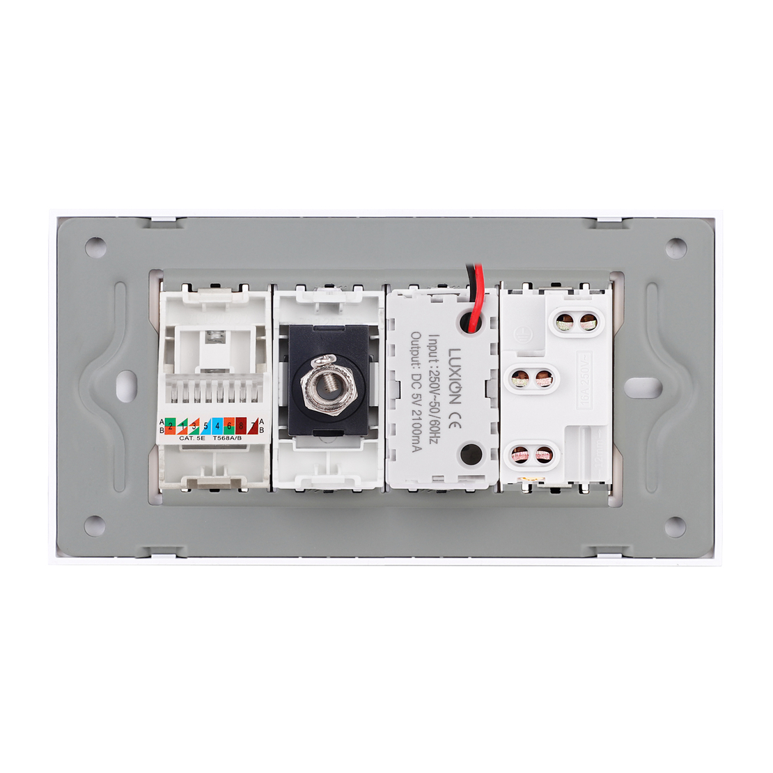 Priza Ingusta + Dubla USB + TV + Internet cu Rama Din Sticla LUXION, Standard Italian, 4M, auriu