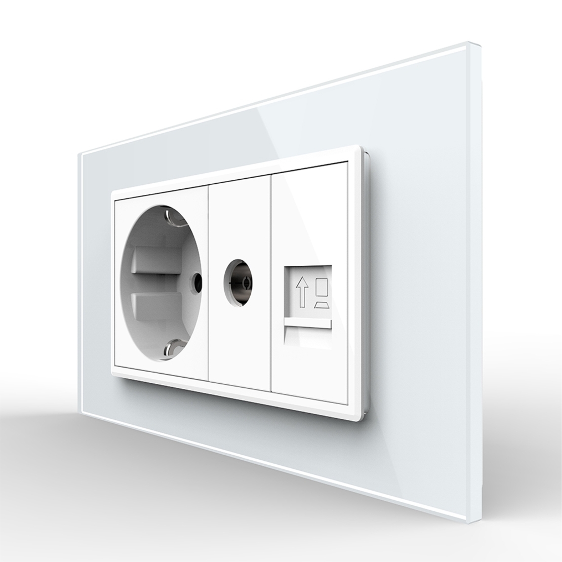 Priza Dubla Livolo cu Rama din Sticla 1 Priza Schuko+TV/internet, Standard Italian - Serie Noua, alb