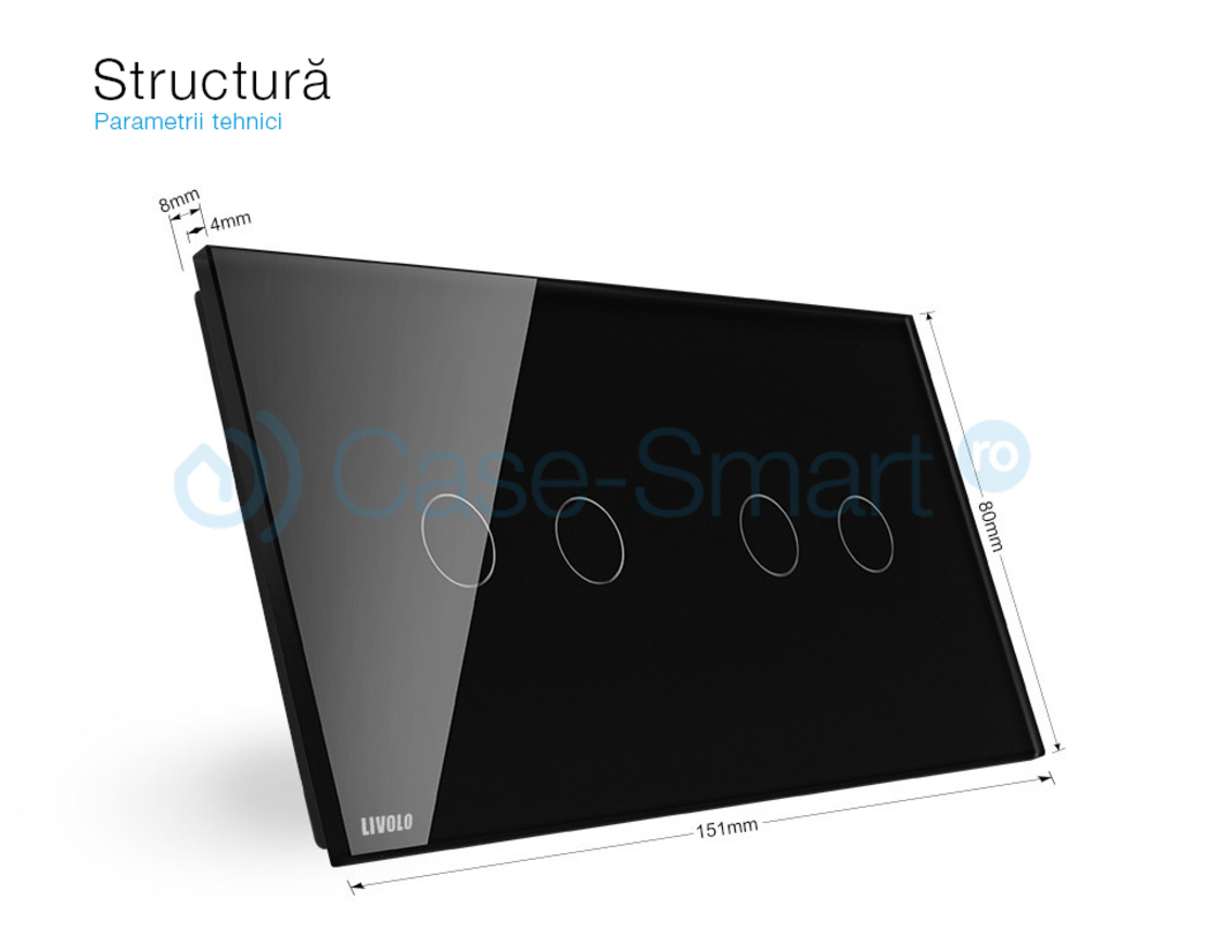 Panou intrerupator dublu+dublu cu touch Livolo din sticla, negru