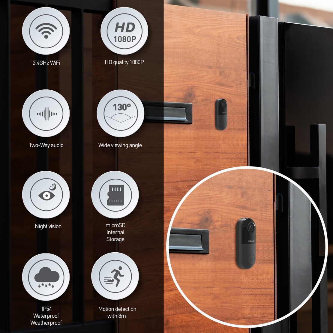 Videointerfon Tellur, Rezolutie 1080P, Infrarosu 130°, Wi-Fi, Slot microSD