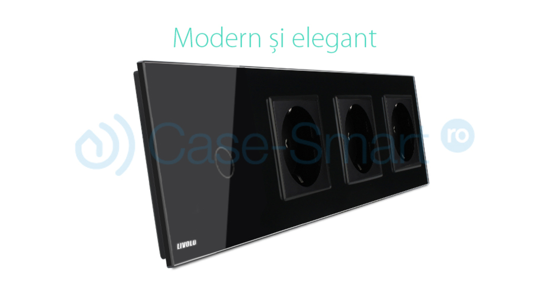 Intrerupator simplu + Priza tripla LIVOLO cu touch din sticla, negru