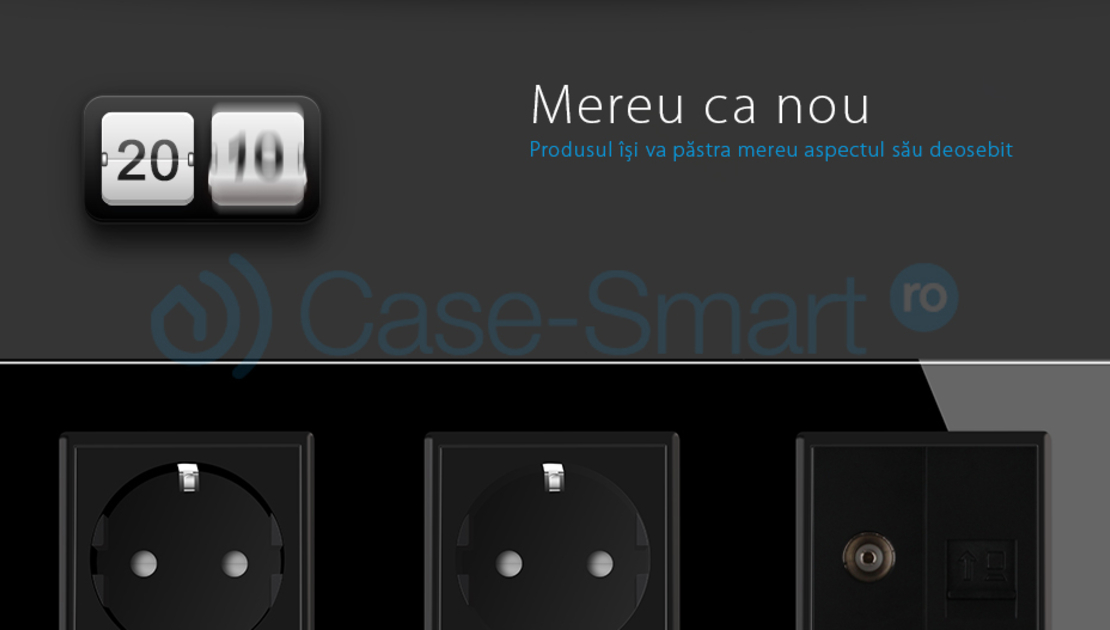 Priza tripla Livolo cu rama din sticla 2 prize simple+TV/internet, negru