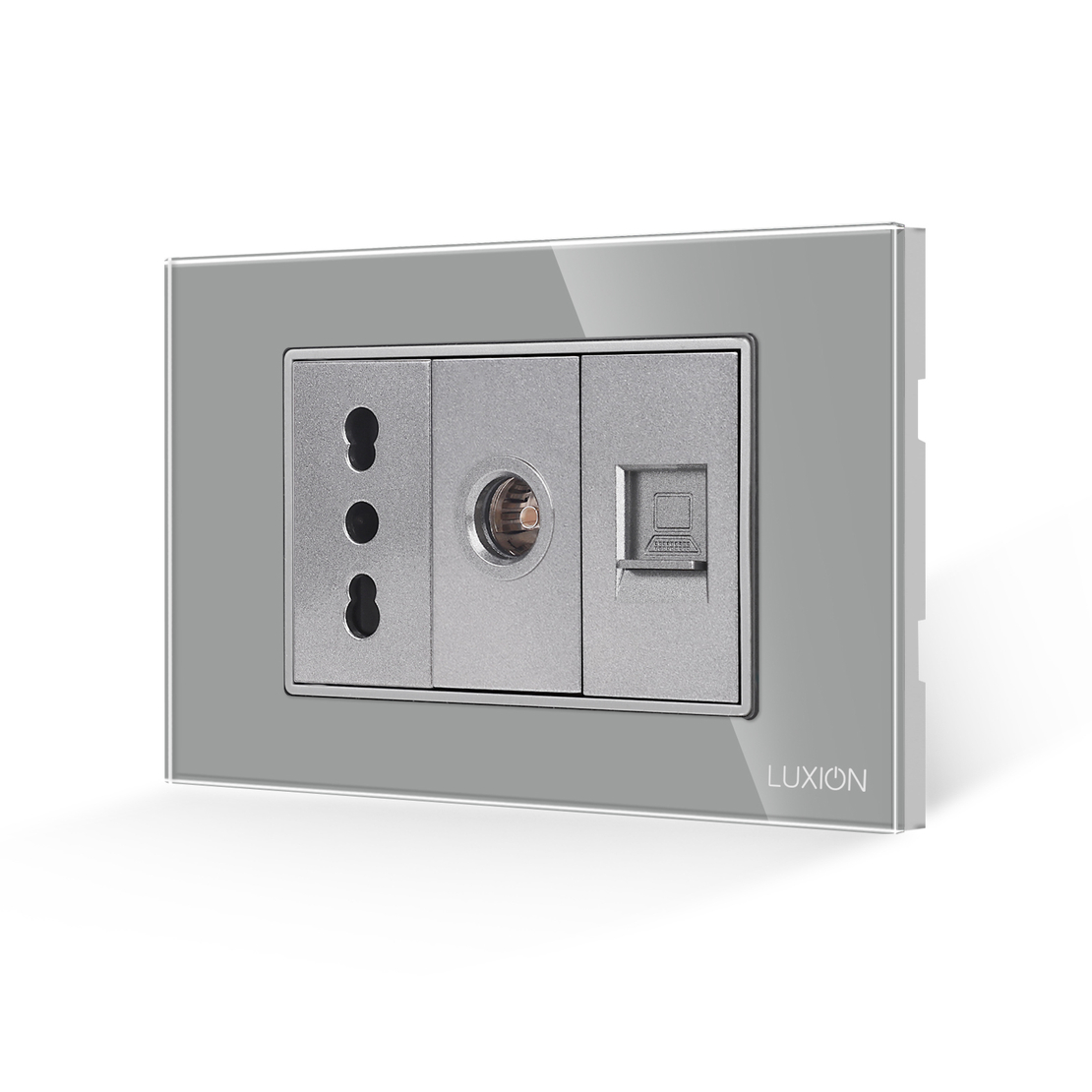 Priza Ingusta + TV + Internet cu Rama din Sticla LUXION, Standard Italian, 3M, gri