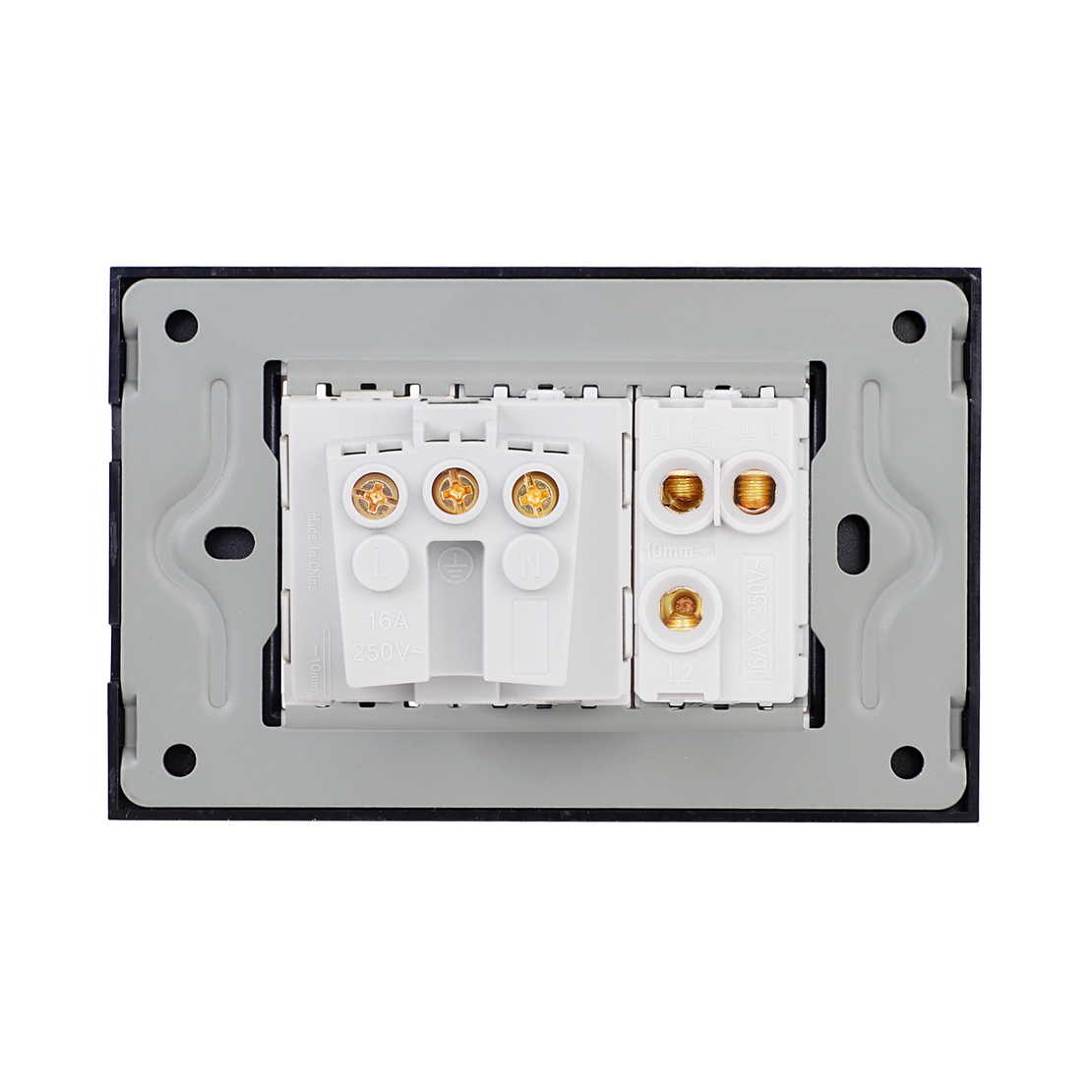 Intrerupator Simplu Cap Scara + Priza cu Rama din Sticla LUXION, Standard Italian, 3M, negru