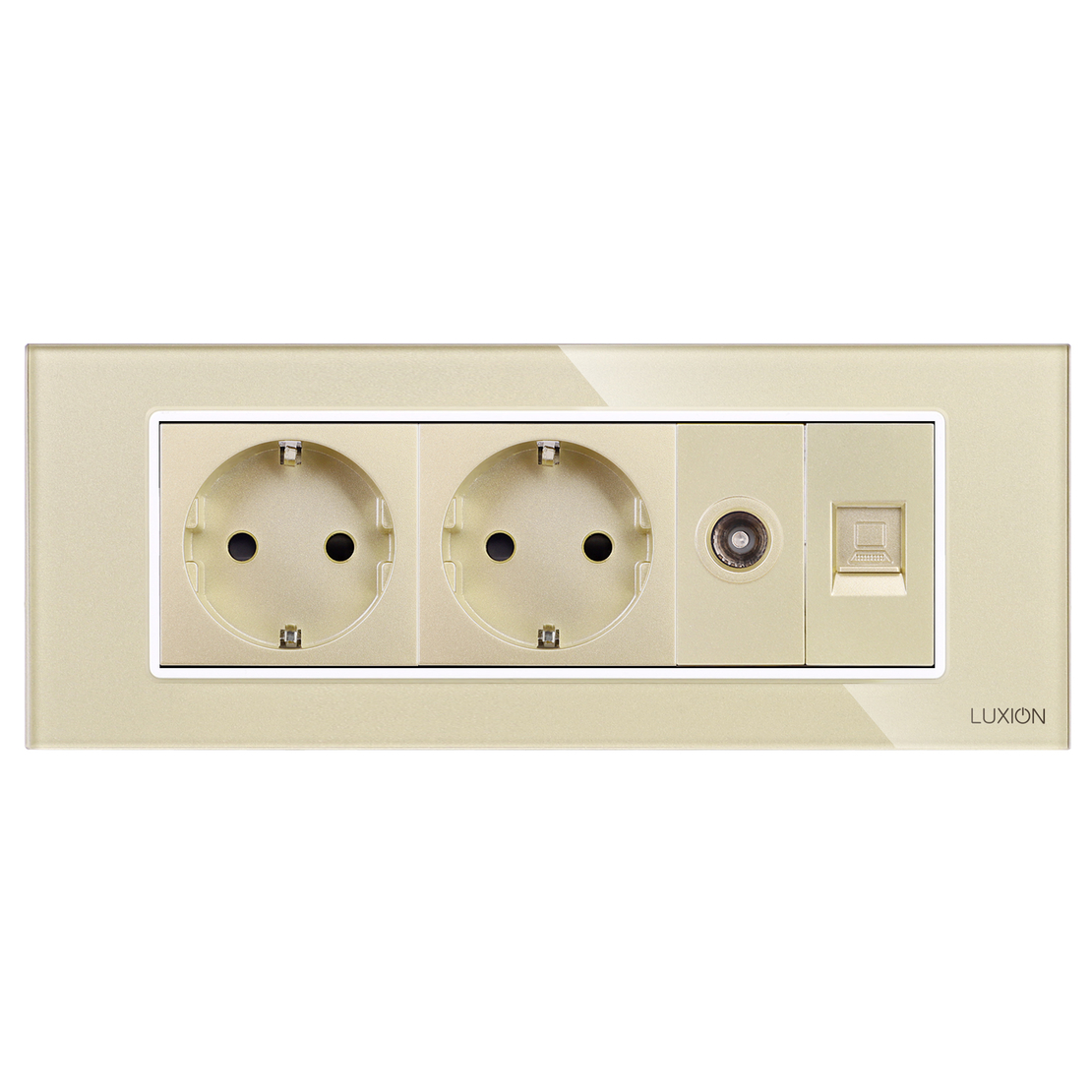 Priza Dubla Schuko + TV + Internet cu Rama din Sticla LUXION, Standard Italian, 6M, auriu