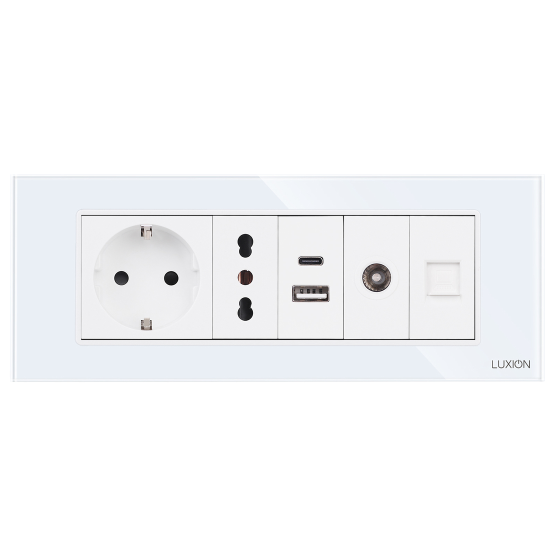 Priza Schuko + Ingusta + Dubla USB + TV + Internet cu Rama Din Sticla LUXION, Standard Italian, 6M, alb