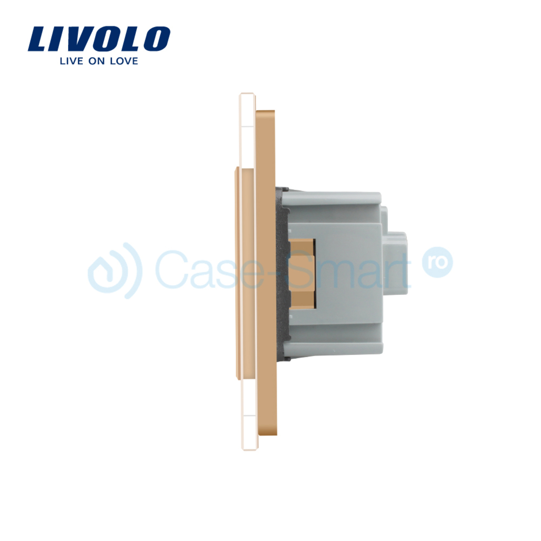 Intrerupator LIVOLO simplu cap scara / cap cruce cu touch si 2 prize din sticla, auriu
