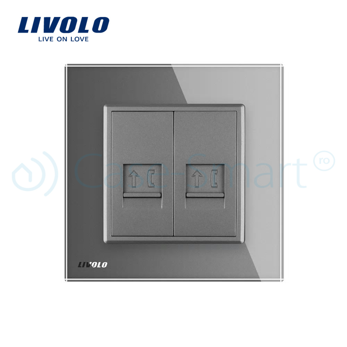 Priza dubla Telefon Livolo cu rama din sticla, gri