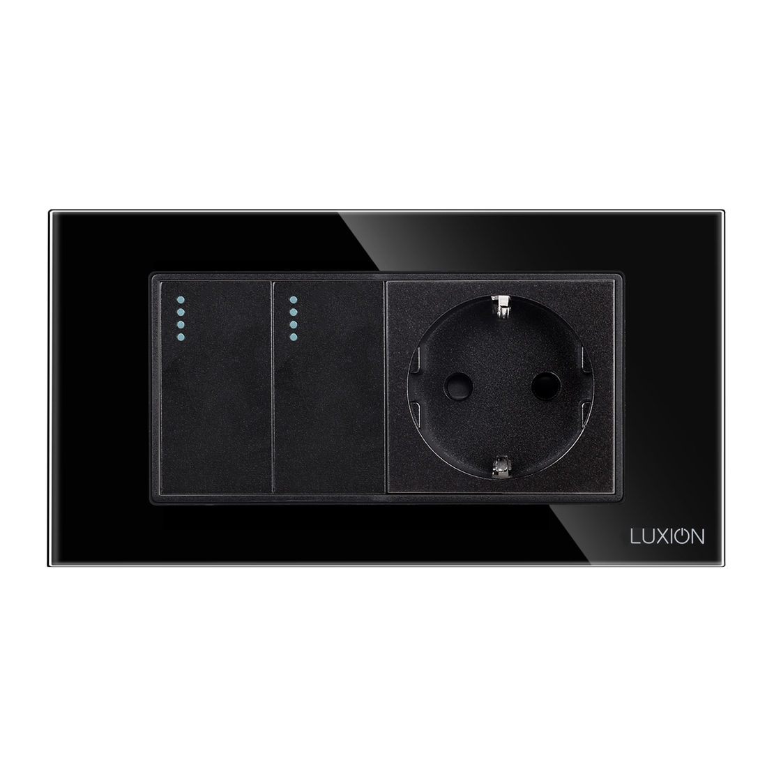 Intrerupator Dublu Cap Scara + Priza cu Rama din Sticla LUXION, Standard Italian, 4M, negru