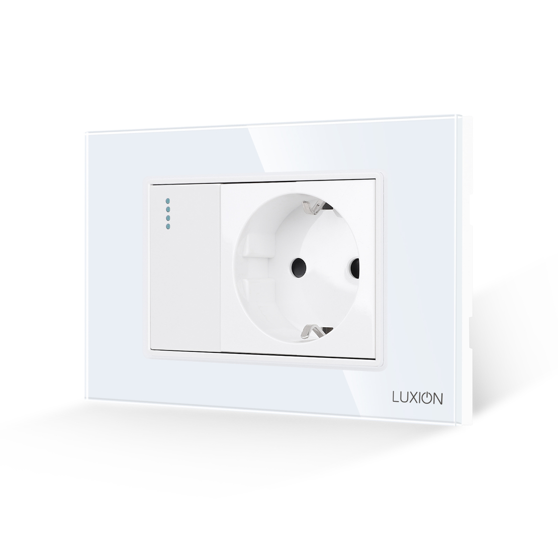Intrerupator Simplu + Priza cu Rama din Sticla LUXION, Standard Italian, 3M, alb