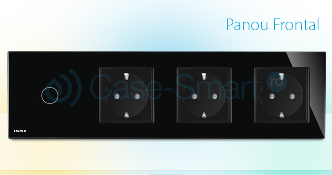 Intrerupator simplu + Priza tripla LIVOLO cu touch din sticla, negru