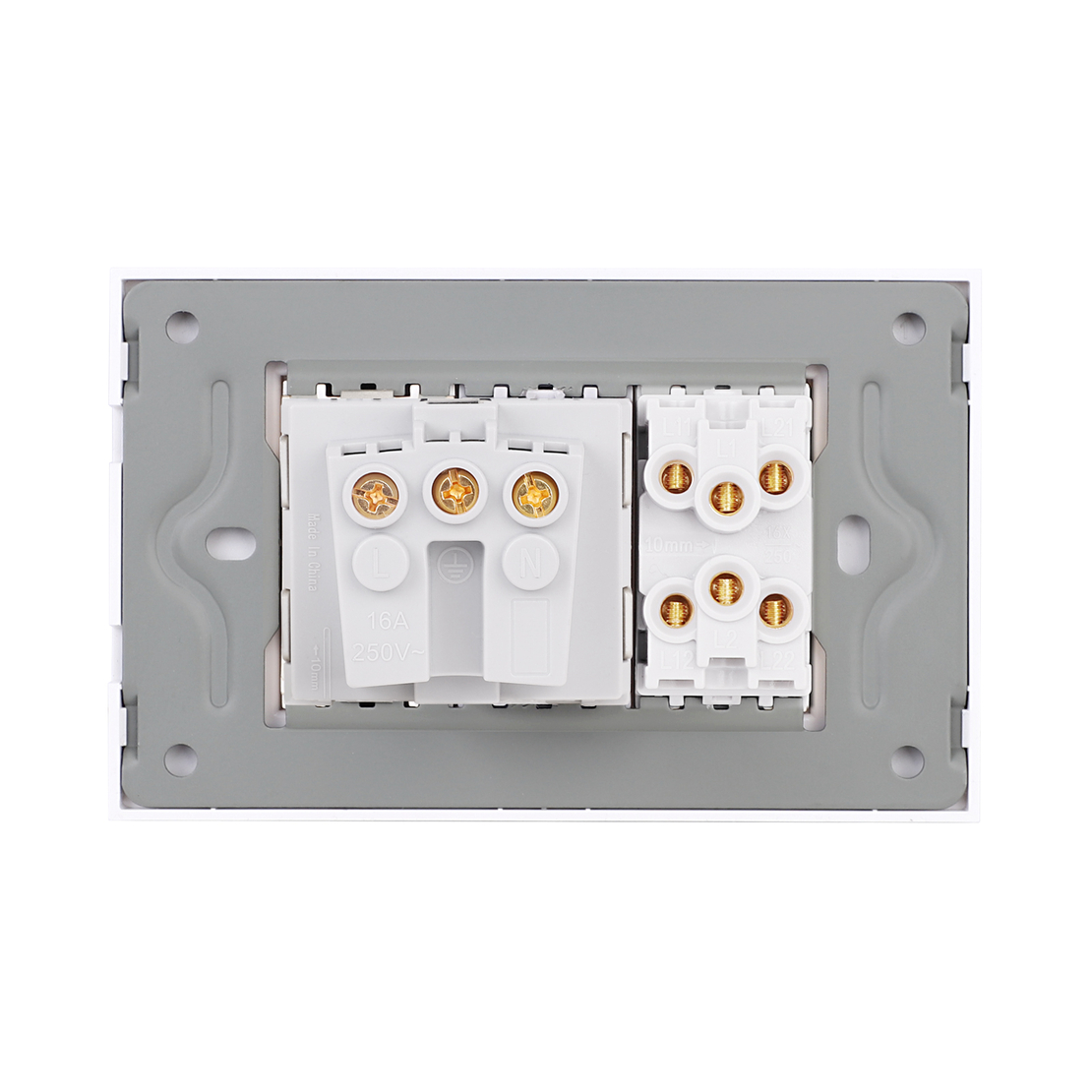 Intrerupator Dublu Cap Scara + Priza cu Rama din Sticla LUXION, Standard Italian, 3M, alb