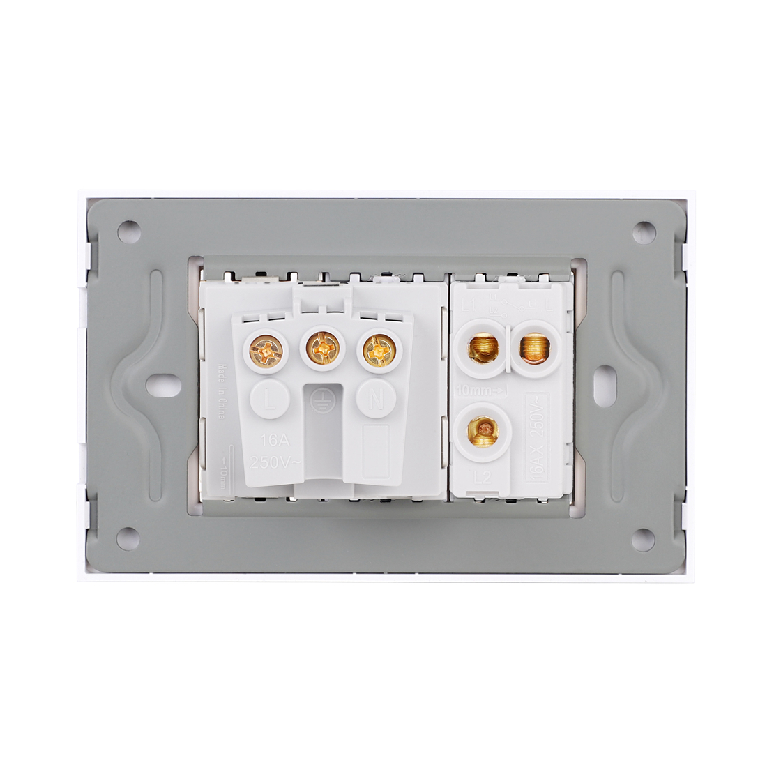 Intrerupator Simplu Cap Scara + Priza cu Rama din Sticla LUXION, Standard Italian, 3M, auriu