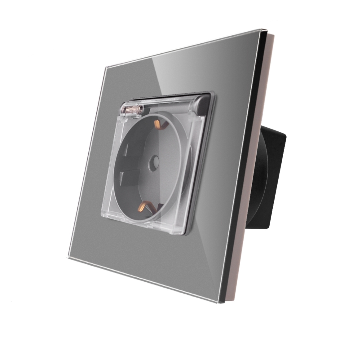 Priza Simpla cu Capac de Protectie cu Rama din Sticla LUXION, gri
