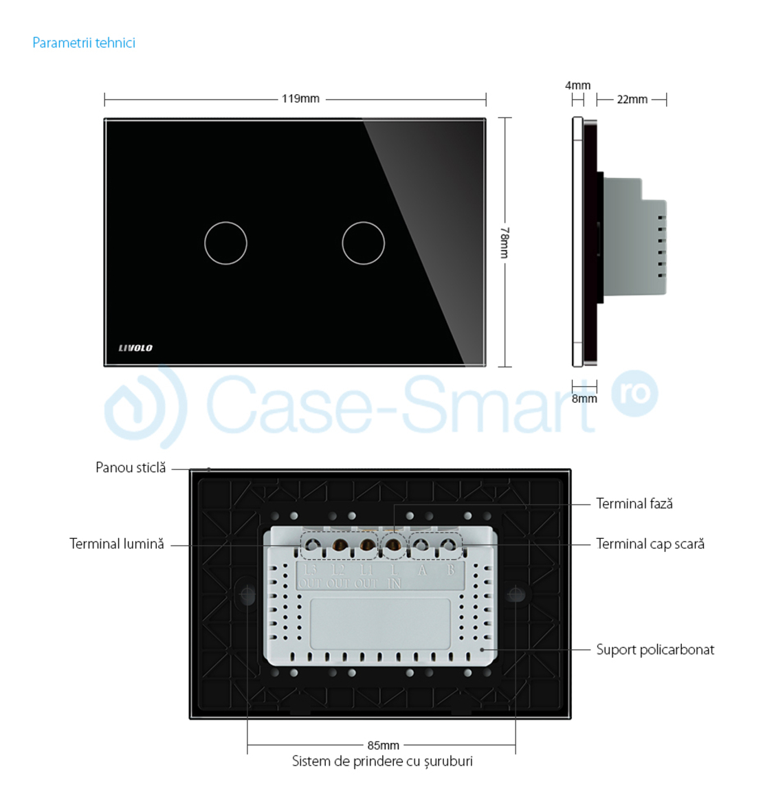 Intrerupator dublu cu variator cu touch Livolo din sticla - standard italian, negru