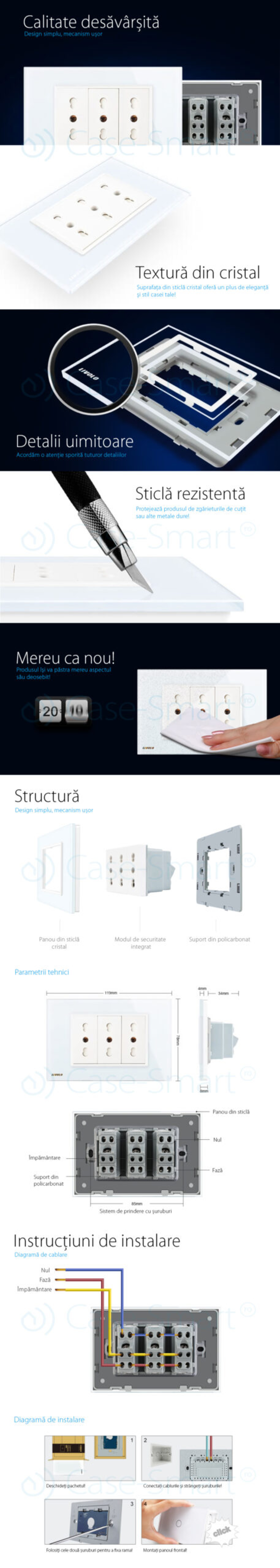 Priza tripla italiana Livolo cu rama din sticla - standard italian, alb