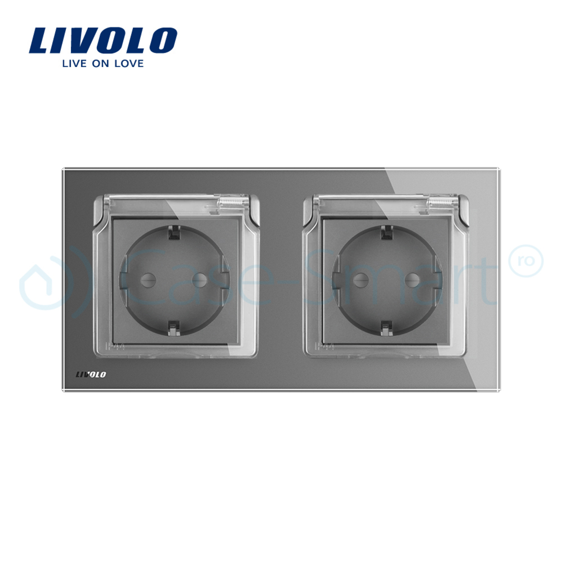 Priza dubla Livolo cu rama din sticla si capac de protectie rezistent la apa, gri