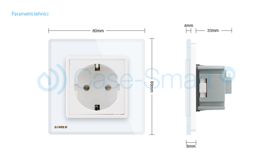 Priza simpla Livolo cu rama din sticla, alb