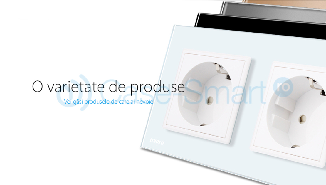 Priza tripla Livolo cu rama din sticla 2 prize simple+TV/internet, alb