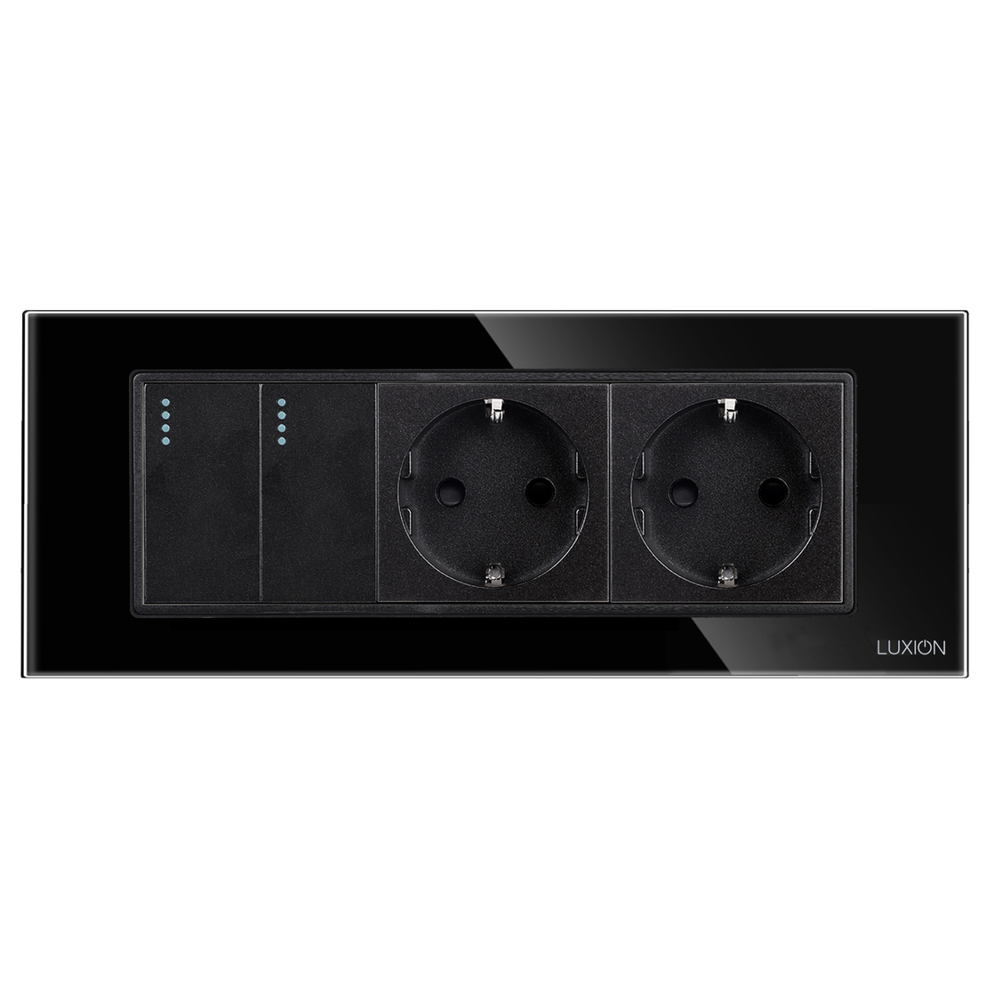 Intrerupator Dublu + 2 Prize cu Rama din Sticla LUXION, Standard Italian, 6M, negru