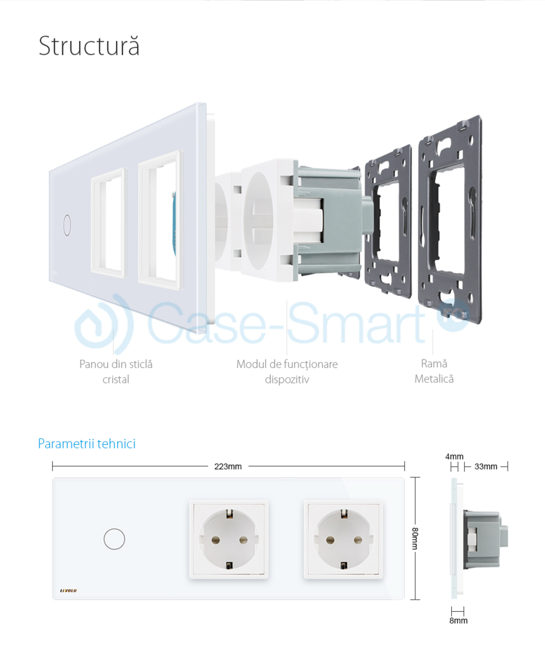 Intrerupator LIVOLO simplu cap scara / cap cruce cu touch si 2 prize din sticla, alb