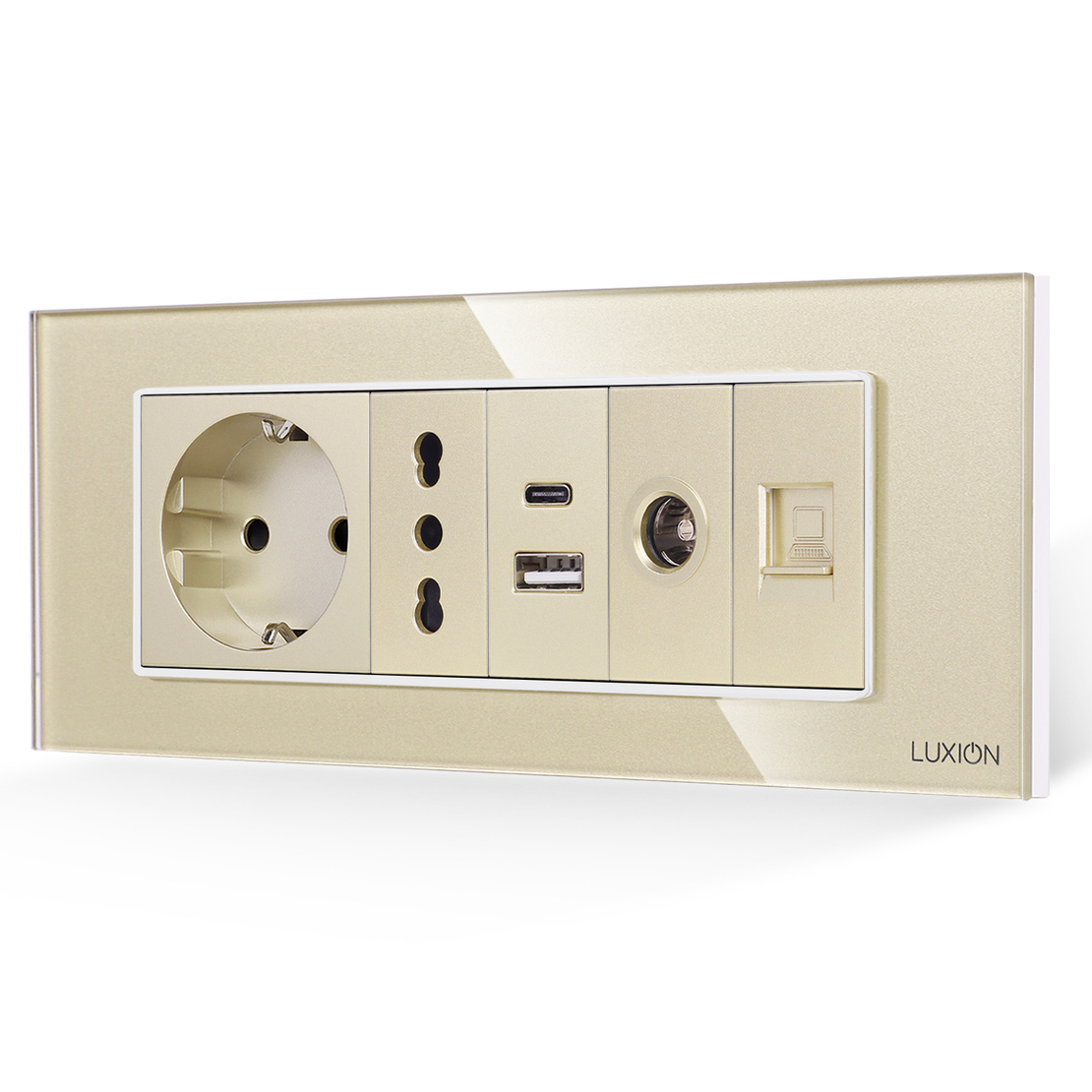Priza Schuko + Ingusta + Dubla USB + TV + Internet cu Rama Din Sticla LUXION, Standard Italian, 6M, auriu