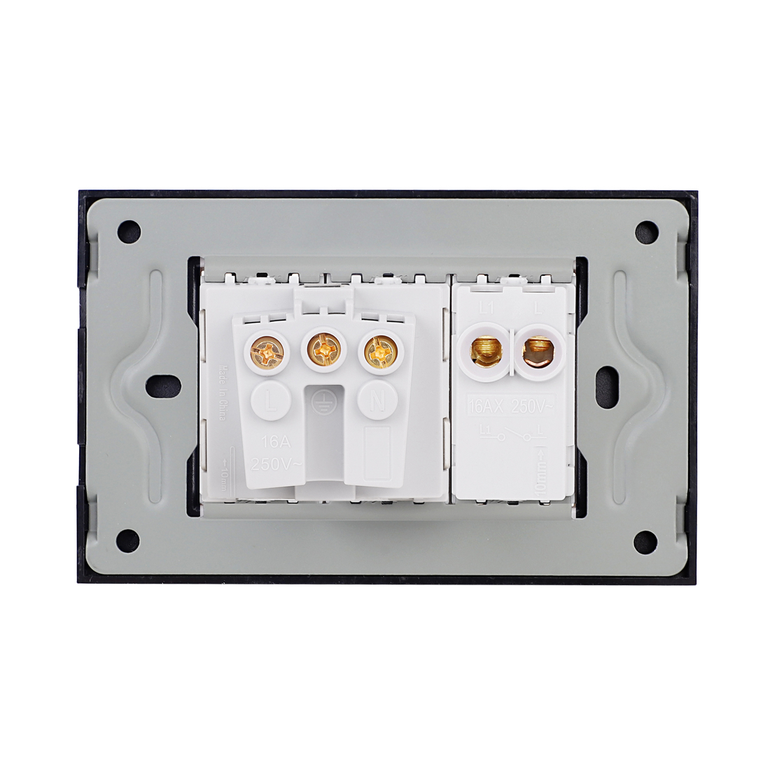 Intrerupator Simplu + Priza cu Rama din Sticla LUXION, Standard Italian, 3M, negru