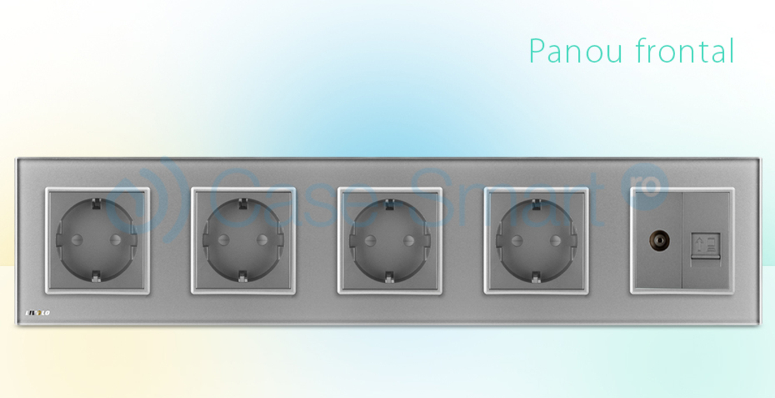 Priza cvintupla + priza TV Internet Livolo cu rama din sticla, gri