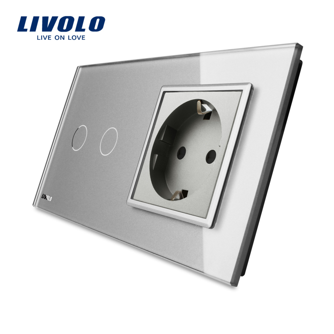 Intrerupator dublu cap scara / cap cruce + priza simpla Livolo rama din sticla, gri