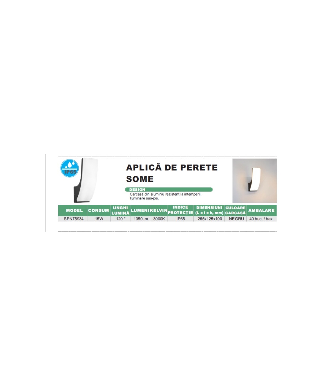 Aplica de perete Some IP65 15W 3000K 1350LM