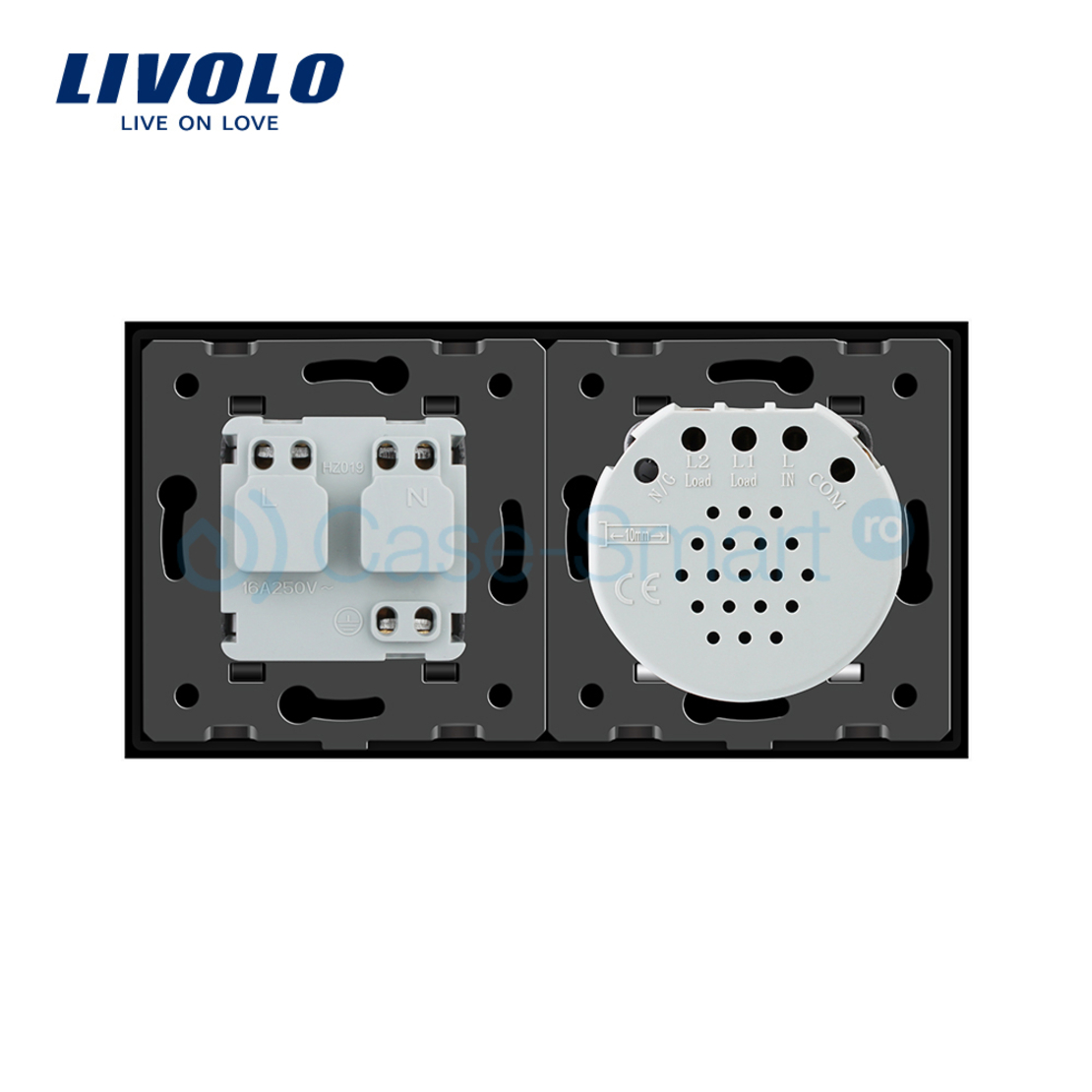 Intrerupator simplu cap scara / cap cruce + priza simpla Livolo rama din sticla, negru