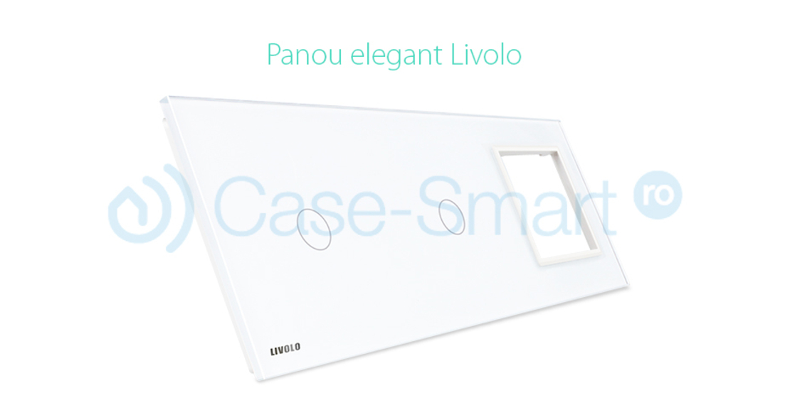 Panou 2 intrerupatoare simple cu touch si priza Livolo din sticla, alb