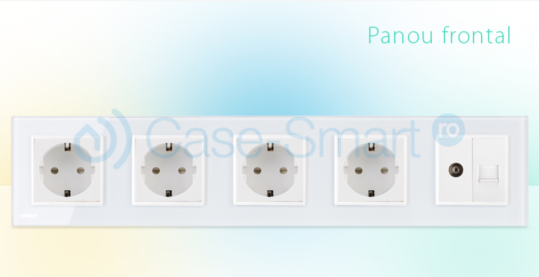 Priza cvintupla + priza TV Internet Livolo cu rama din sticla, alb