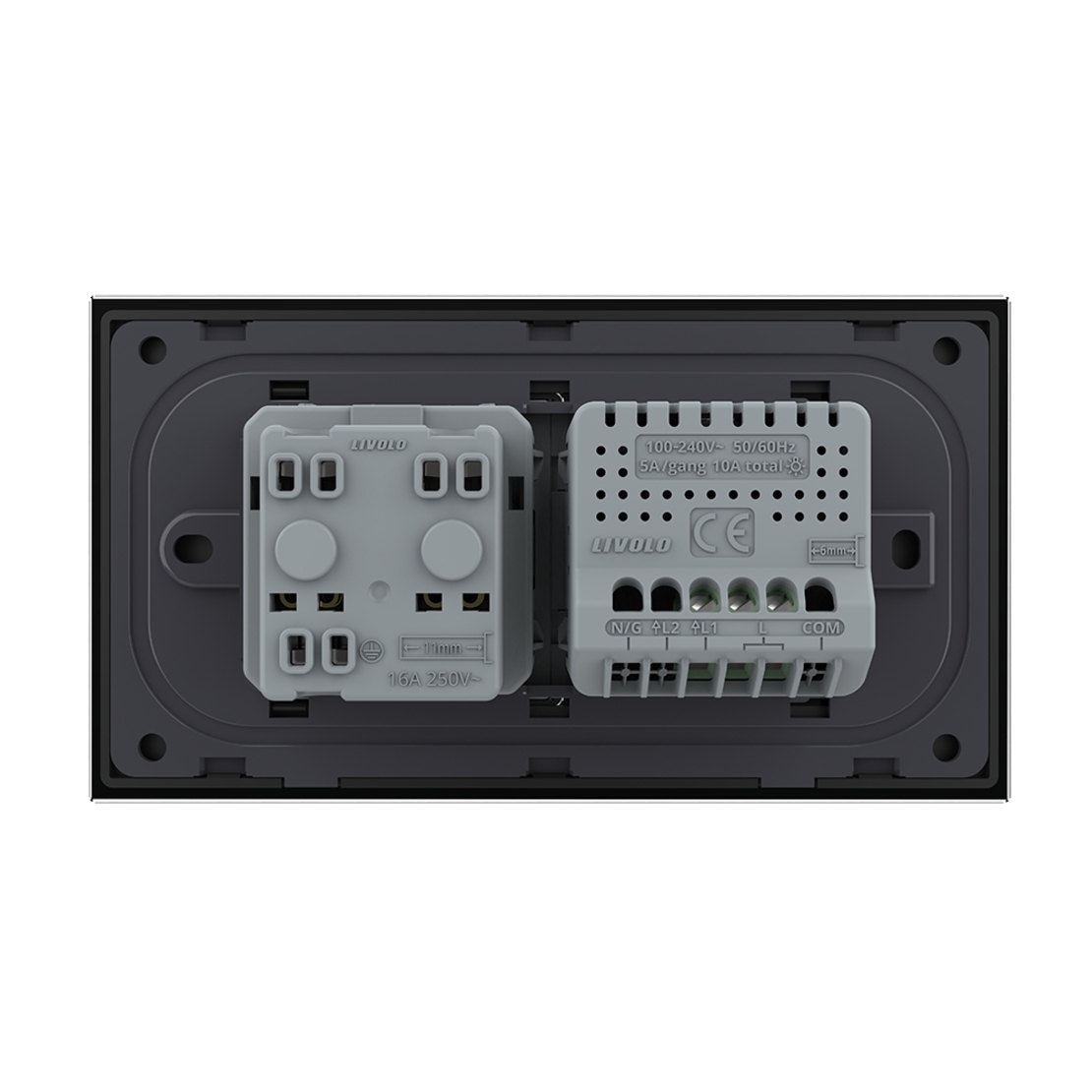 Intrerupator Simplu + Priza LIVOLO cu Rama Din Sticla, Standard Italian, 4M, negru