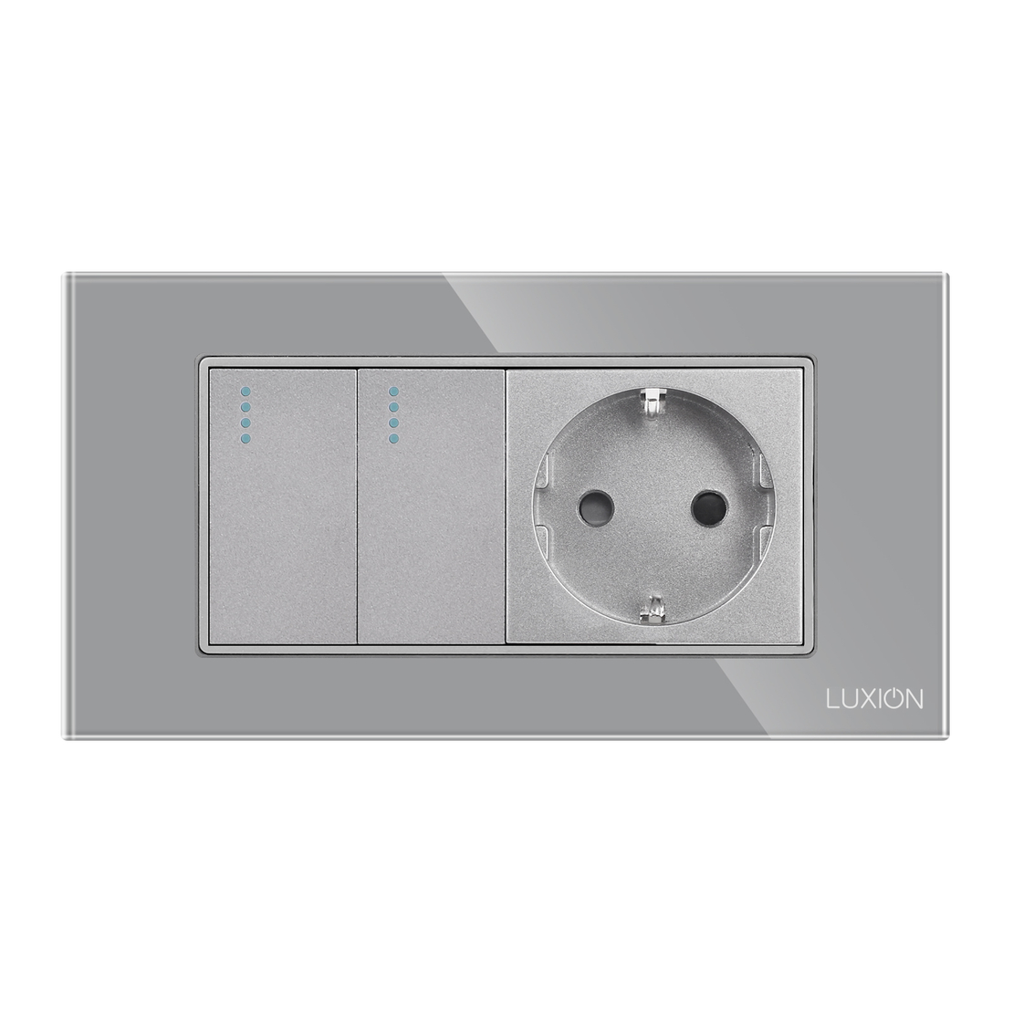 Intrerupator Dublu Cap Scara + Priza cu Rama din Sticla LUXION, Standard Italian, 4M, gri