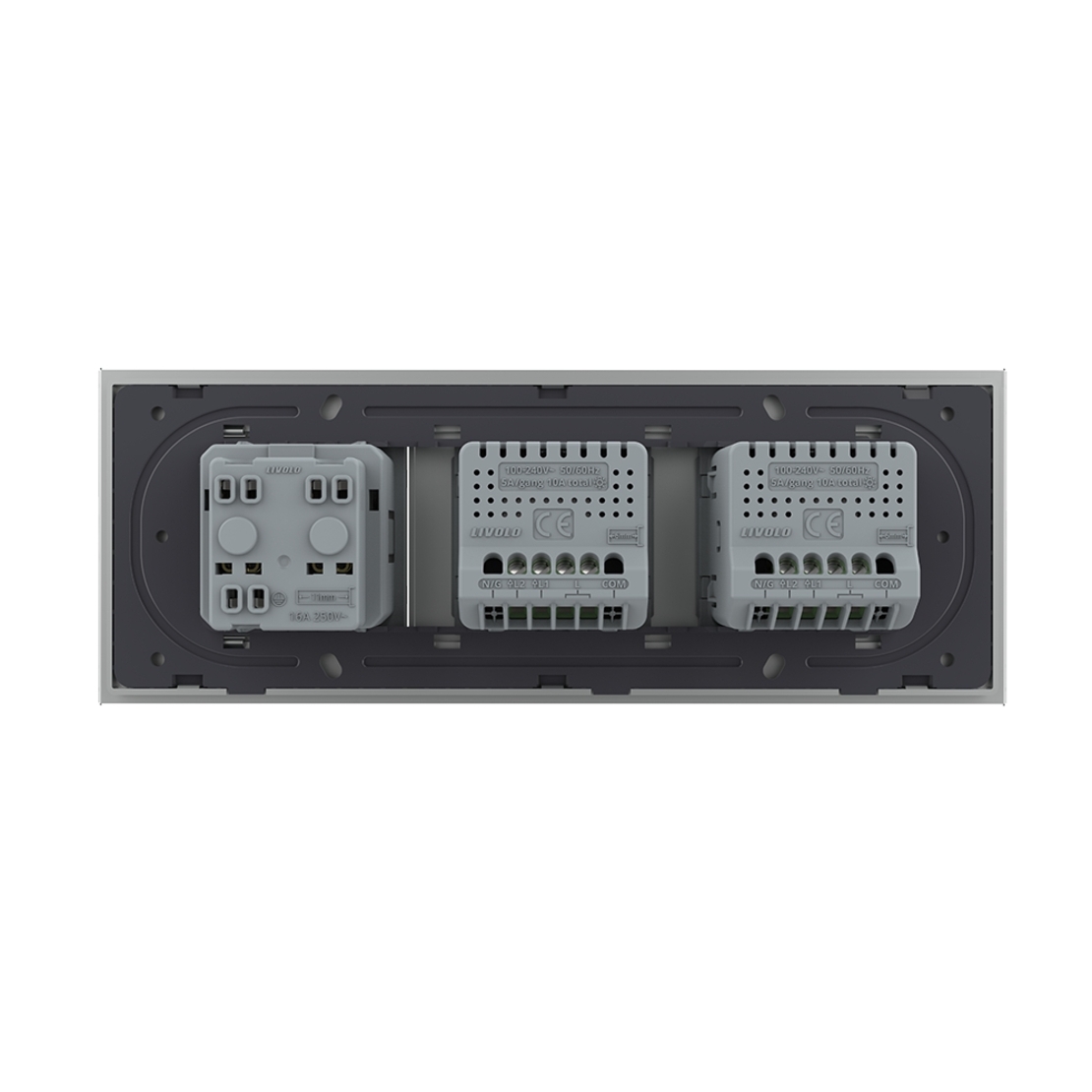 Intrerupator Dublu + Dublu + Priza LIVOLO cu Rama Din Sticla, Standard Italian, 6M, gri