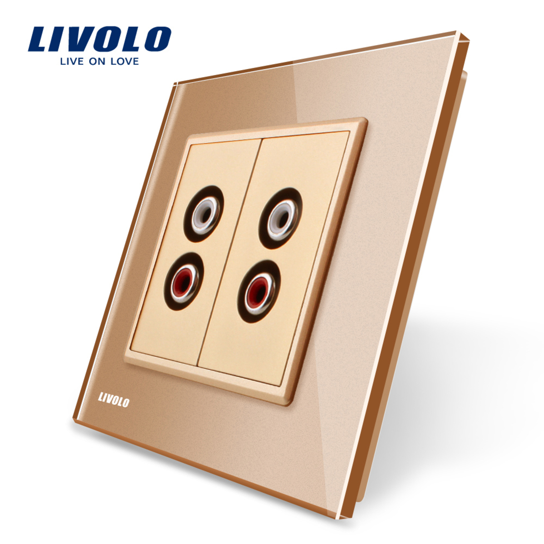 Priza dubla audio Livolo cu rama din sticla, auriu