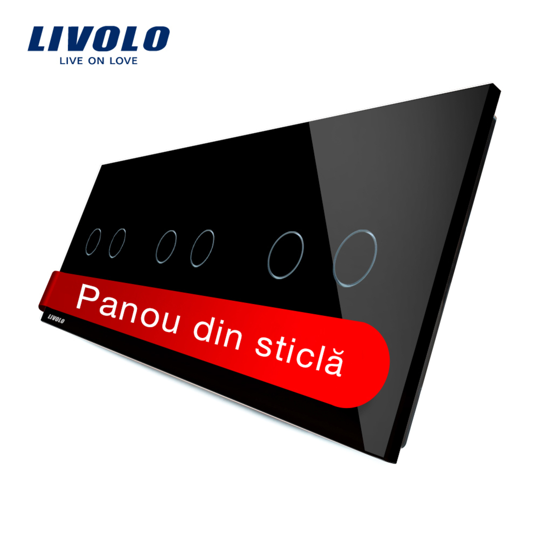 Panou intrerupator dublu+dublu+dublu cu touch Livolo din sticla, negru