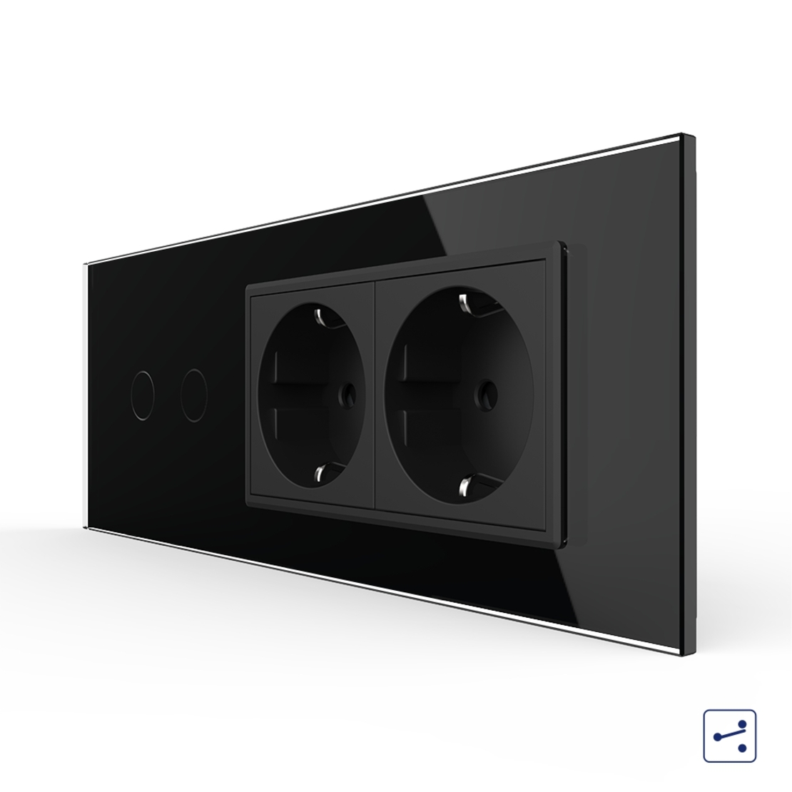 Intrerupator Dublu Cap Scara / Cruce + 2 Prize LIVOLO cu Rama Din Sticla, Standard Italian, 6M, negru