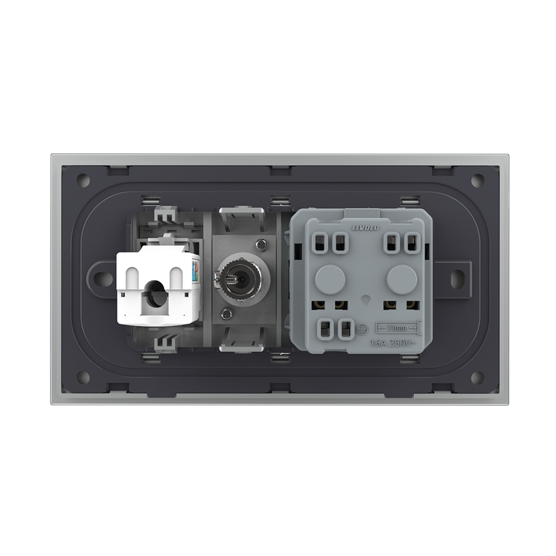 Priza Dubla Livolo cu Rama din Sticla 1 Priza Schuko+TV/internet, Standard Italian - Serie Noua, gri