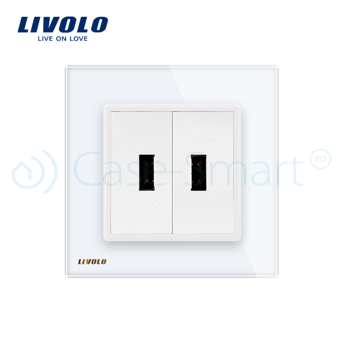 Priza dubla USB Livolo cu rama din sticla, alb