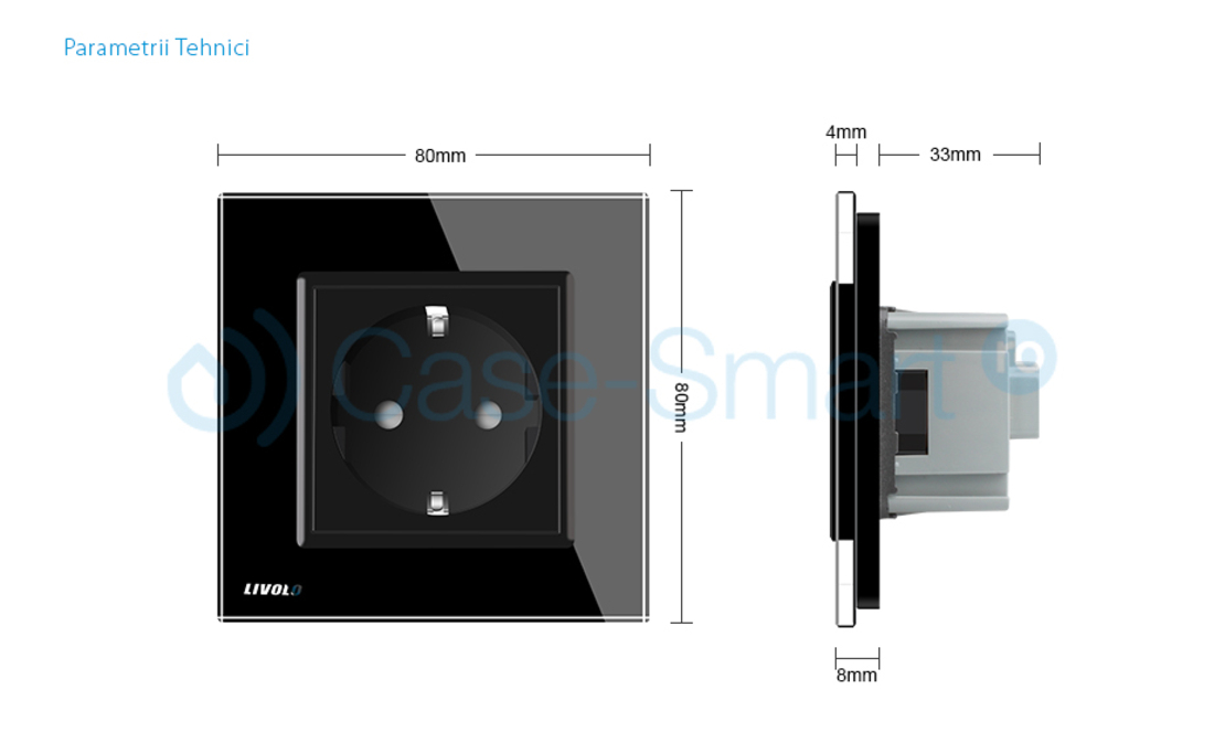 Priza simpla Livolo cu rama din sticla, negru