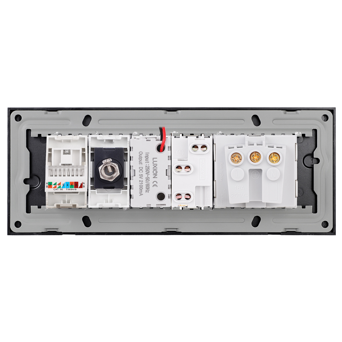 Priza Schuko + Ingusta + Dubla USB + TV + Internet cu Rama Din Sticla LUXION, Standard Italian, 6M, negru