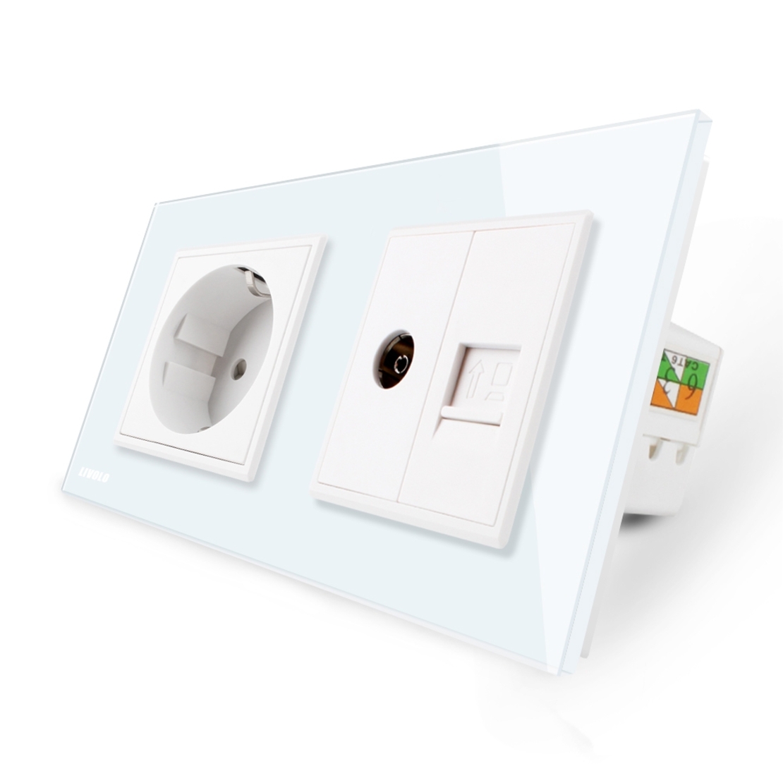 Priza dubla Livolo cu rama din sticla 1 priza Schuko+TV/internet, alb