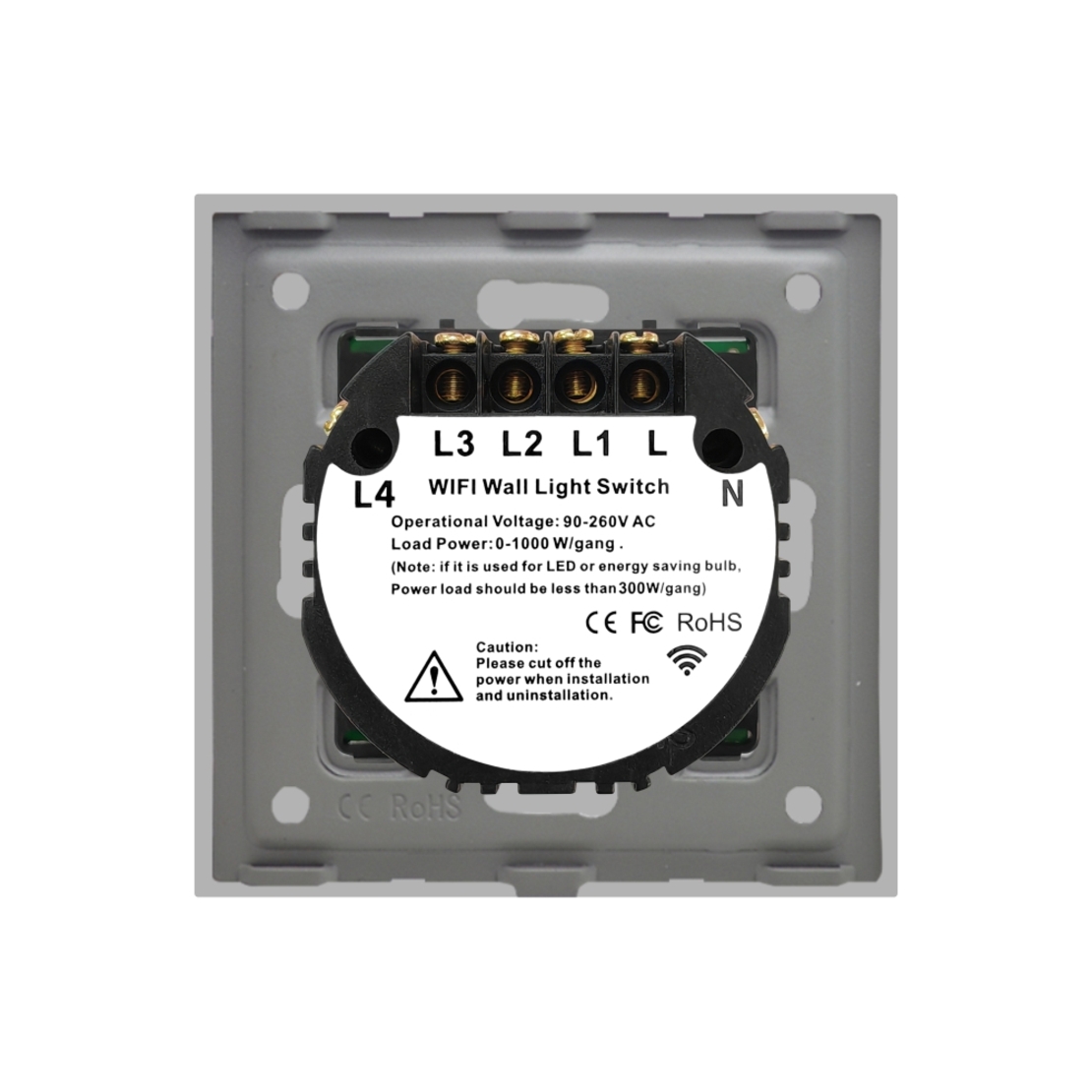 Intrerupator Cvadruplu Wi-Fi + RF433 cu Touch din Sticla LUXION, gri