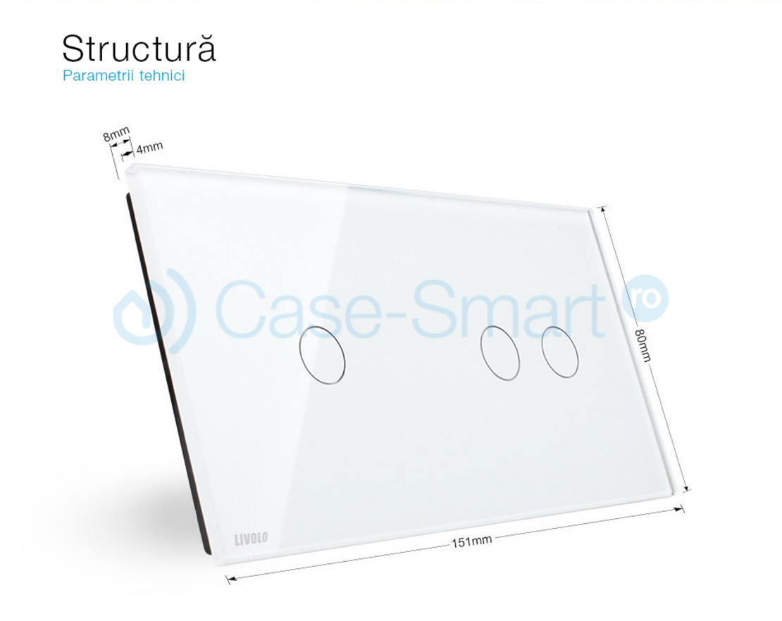 Panou intrerupator dublu + simplu cu touch Livolo din sticla, alb