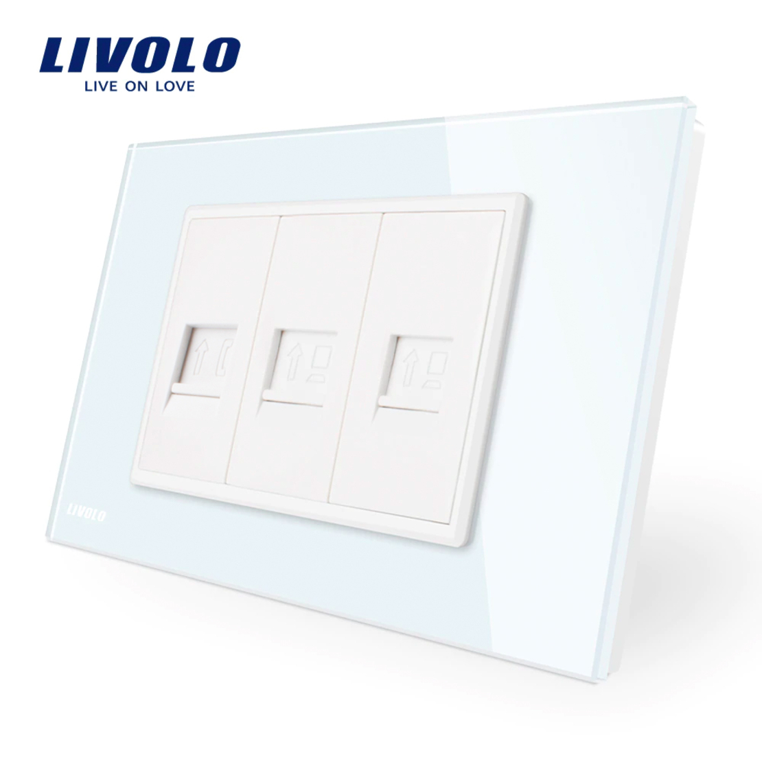 Priza telefon+dubla internet Livolo cu rama din sticla - standard italian, alb