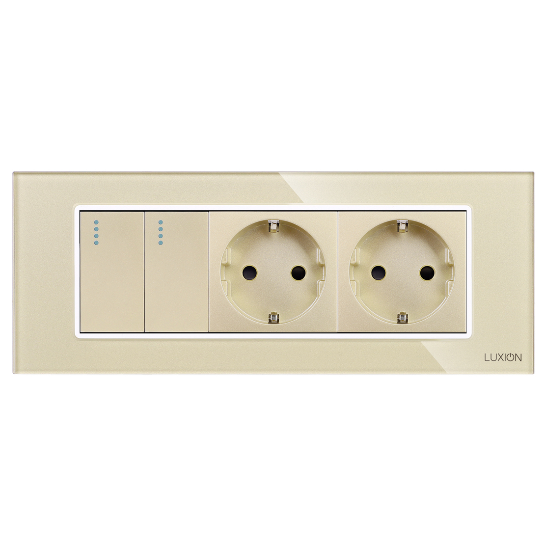 Intrerupator Dublu + 2 Prize cu Rama din Sticla LUXION, Standard Italian, 6M, auriu