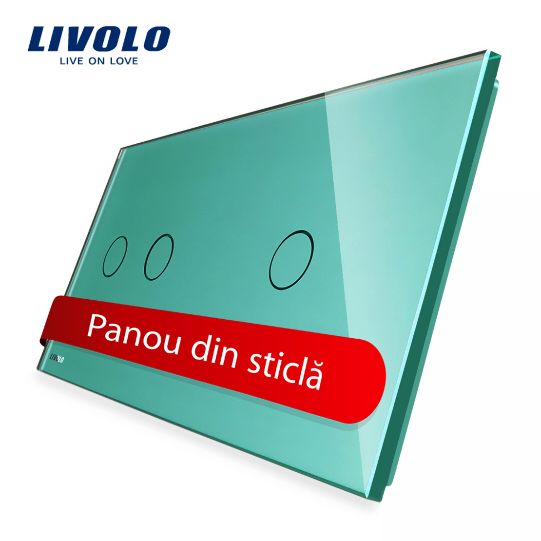 Panou intrerupator dublu + simplu cu touch Livolo din sticla, verde